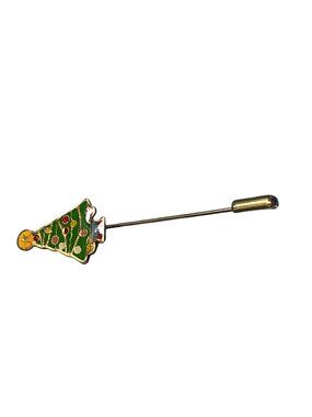 Vintage SWIB 1980 Christmas Tree Enamel Stick Pin Brooch Gold Tone Holiday 2.75"